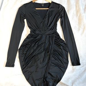 Black satin deep v-neck slit dress